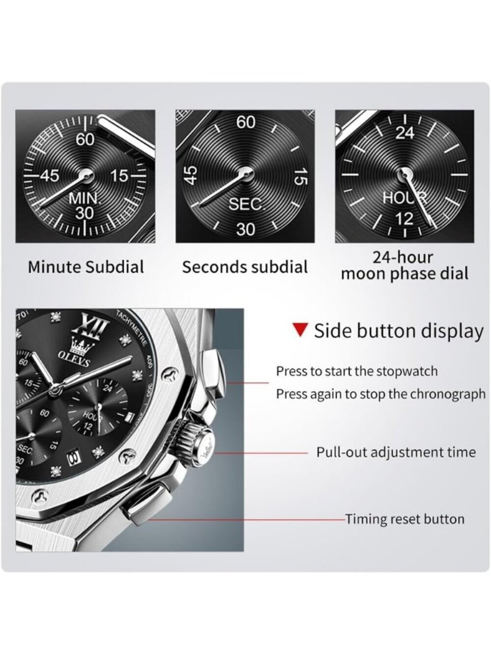 Men's Silver Black Octagonal Luxury Stainless Steel Analog Large Face Wristwatch - Picture 5 of 6